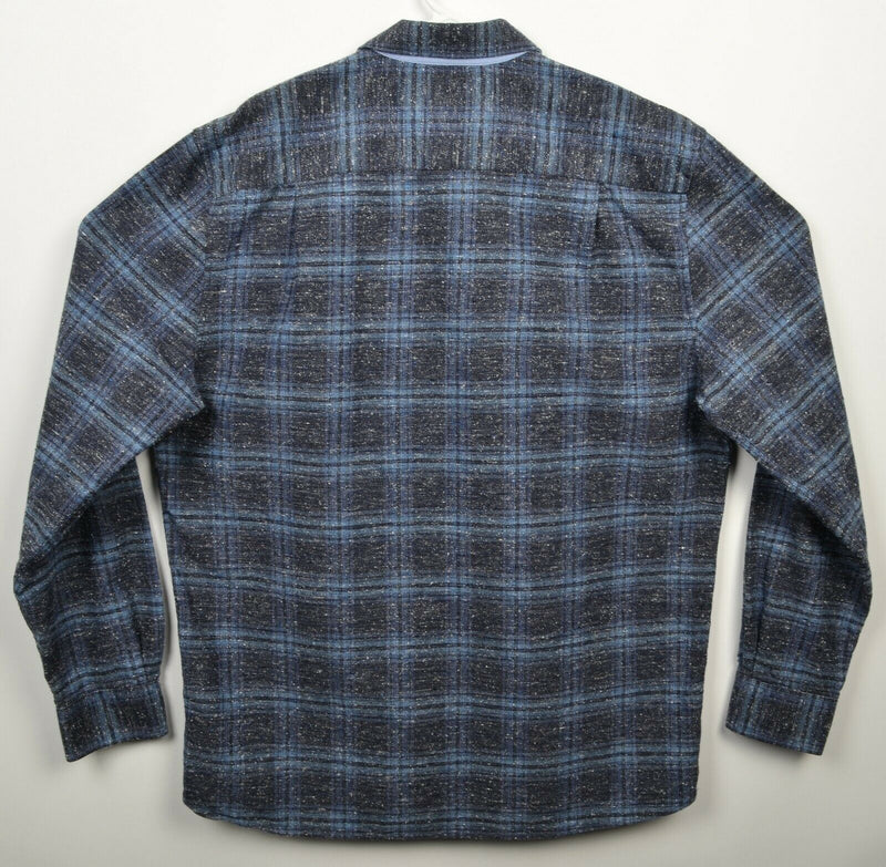 32 Bar Blues Men's Large Cotton Silk Wool Blend Gray Blue Plaid Flannel Shirt