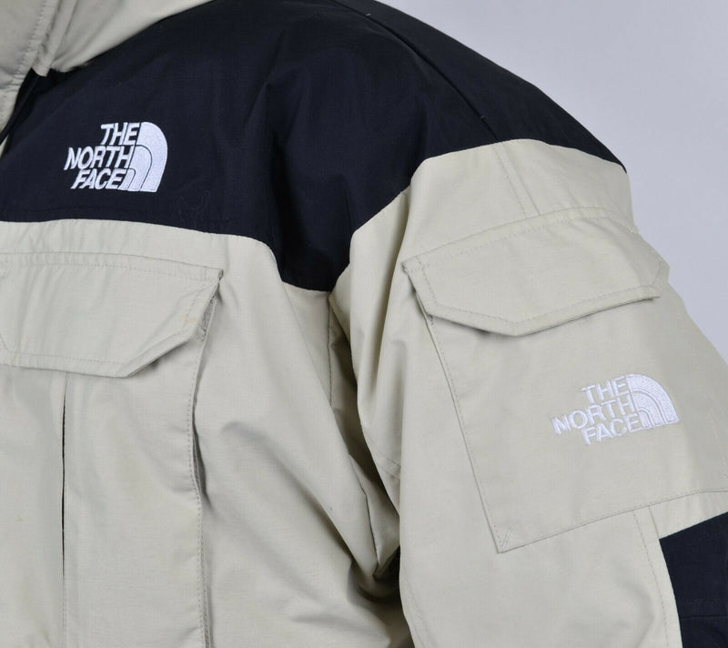 The North Face Men's 2XL Goose Down Beige Black Logo Cargo Puffer Parka Jacket