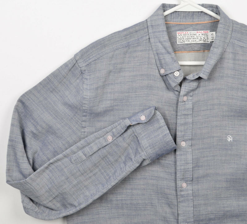 Shipley & Halmos Men's XL Gray/Blue SH Embroidered Logo Retro Button-Down Shirt