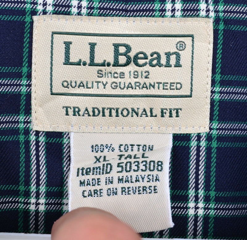 L.L. Bean Men XLT (XL Tall) Navy Blue Plaid Wrinkle-Free Twill Button-Down Shirt