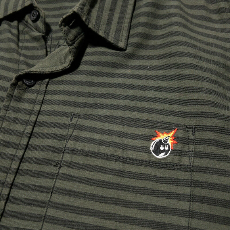 The Hundreds Men's Large Bomb Logo Olive Green Striped Button-Front Shirt