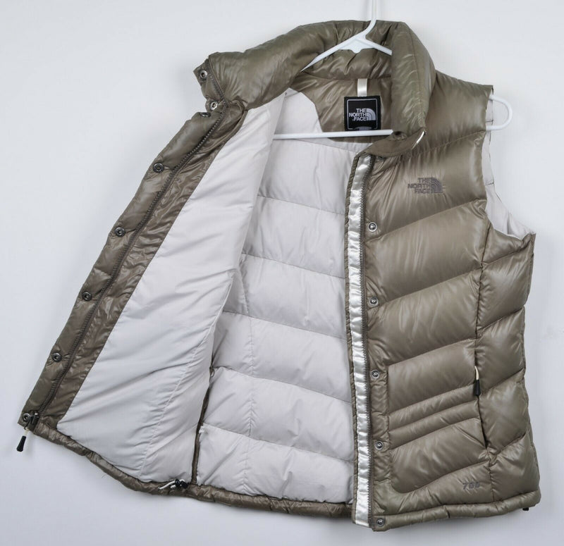 The North Face Women's Medium 700 Down Silver Shiny Full Zip Snap Puffer Vest