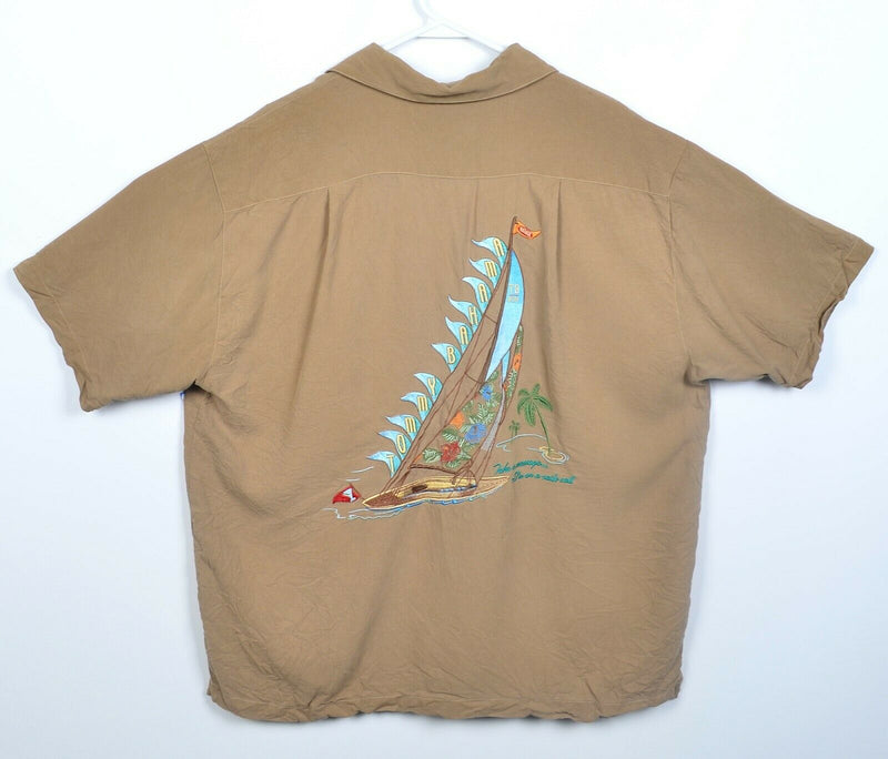 Tommy Bahama Men's XL Silk Sails Call Sailboat Embroidered Hawaiian Shirt