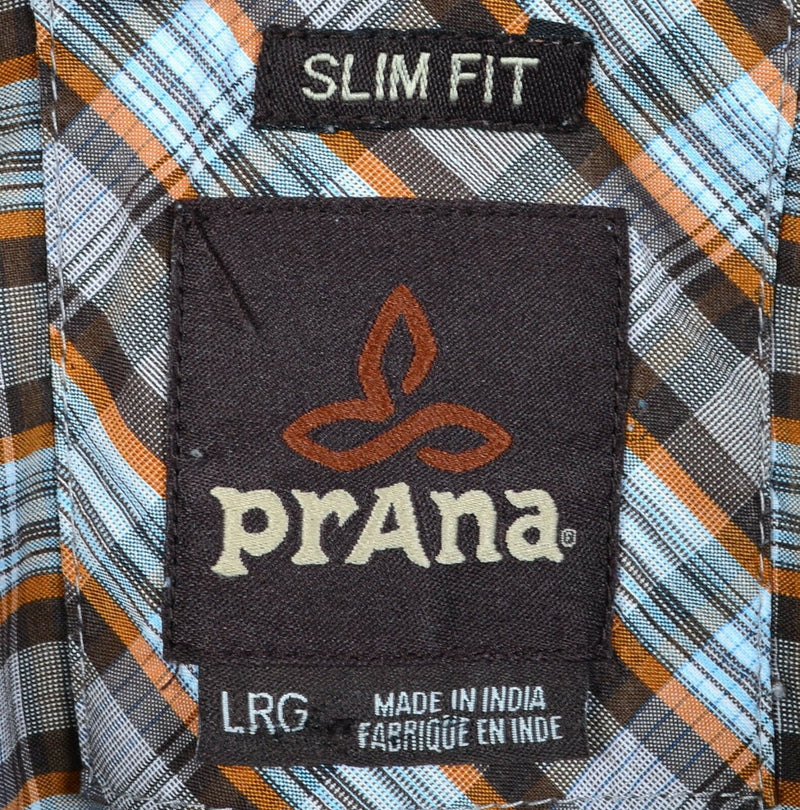 Prana Men's Large Slim Fit Pearl Snap Brown Plaid Cotton Poly Blend Wood Shirt