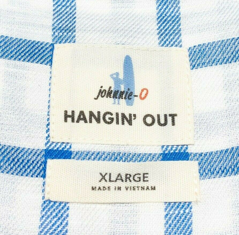 johnnie-O Hangin' Out Camden Linen Blend Shirt White Blue Check Preppy Men's XL