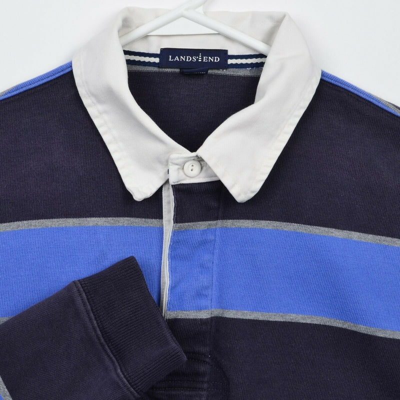 Lands End Men's Large Rugby Navy Blue Chunky Striped Contrast Collar Polo Shirt