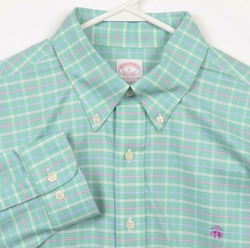 Brooks Brothers Men's Large Regular Fit Green Plaid Non-Iron Button-Down Shirt