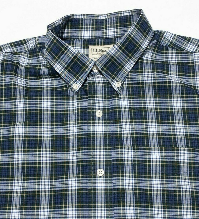 L.L. Bean Wrinkle-Free Button-Down Shirt Navy Blue Glen Check Plaid Men's Large