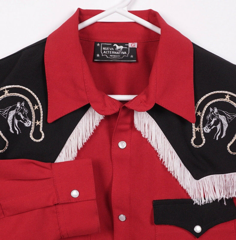 Neuva Alternativa Men Large Pearl Snap Fringe Cowboy Horseshoe Red Western Shirt
