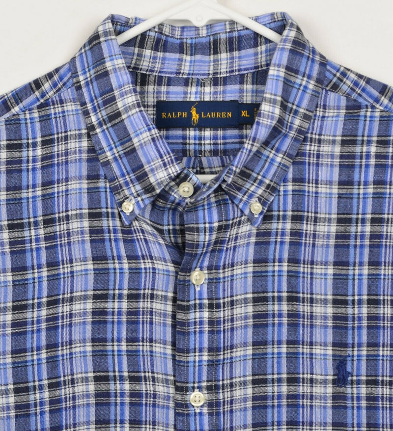 Polo Ralph Lauren Men's Sz XL 100% Linen Blue Plaid Button-Down Shirt