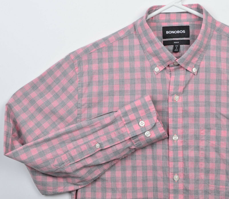 Bonobos Men's Medium Short Slim Fit Pink Gray Check Plaid Button-Down Shirt