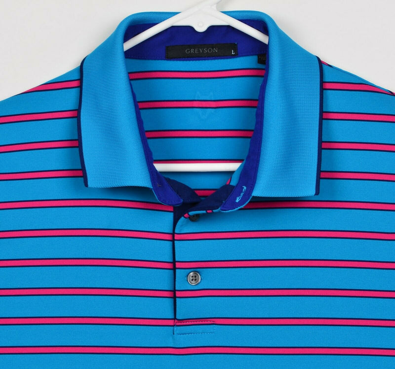Greyson Men's Sz Large Blue Pink Striped Polo Golf Shirt Boca Raton