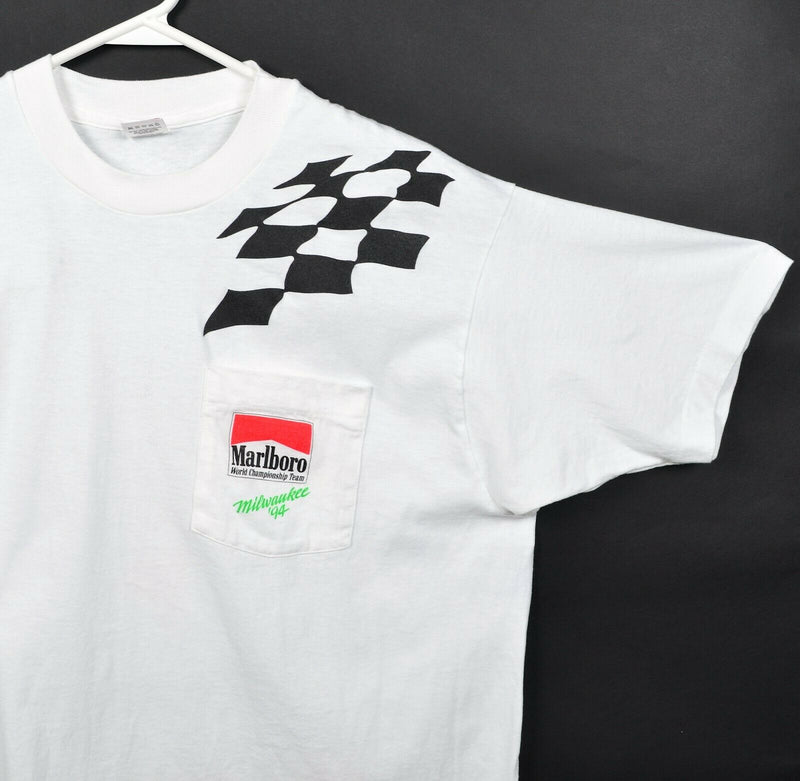 Vintage 90s Marlboro Racing Men's XL White Racecar Formula 1 Pocket T-Shirt