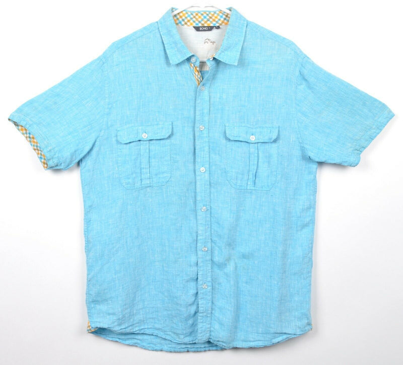 Bohio Men's Sz Large 100% Linen Blue Button-Front Hawaiian Camp Shirt