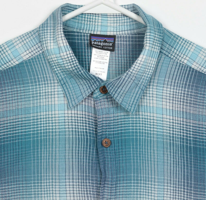 Patagonia Men's Large Blue Turquoise Plaid Button-Front Hot Weather A/C Shirt