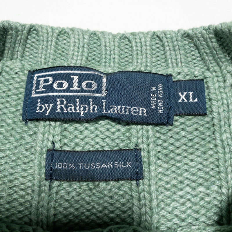 Polo Ralph Lauren Men's XL 100% Tussah Silk Green Cable-Knit Pullover Sweater