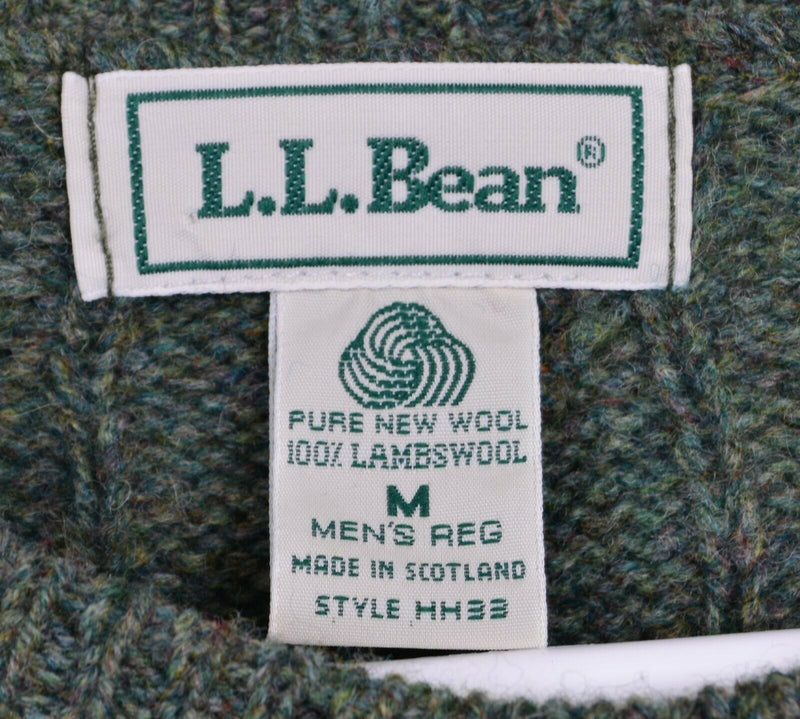 Vtg LL Bean Men's Sz Medium Lambswool Cable Knit Green Pullover Scotland Sweater