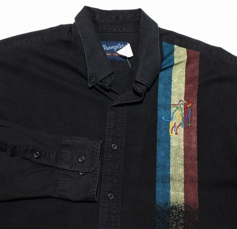 Wrangler Western Shirt Men's XL Bull Colorful Stripe Black Long Sleeve Rodeo