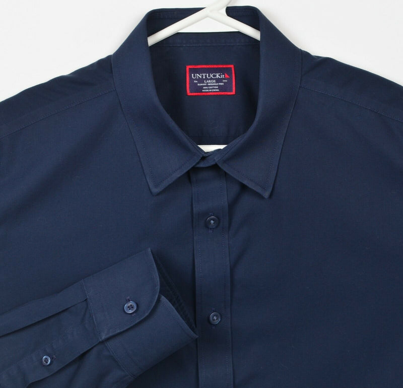 UNTUCKit Men's Large Slim Fit Wrinkle Free Solid Navy Blue Button-Front Shirt