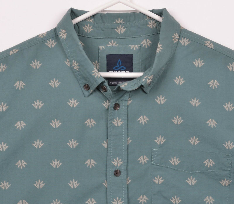 Prana Men's XL Green Geometric Organic Cotton Poly Blend Button-Front Shirt