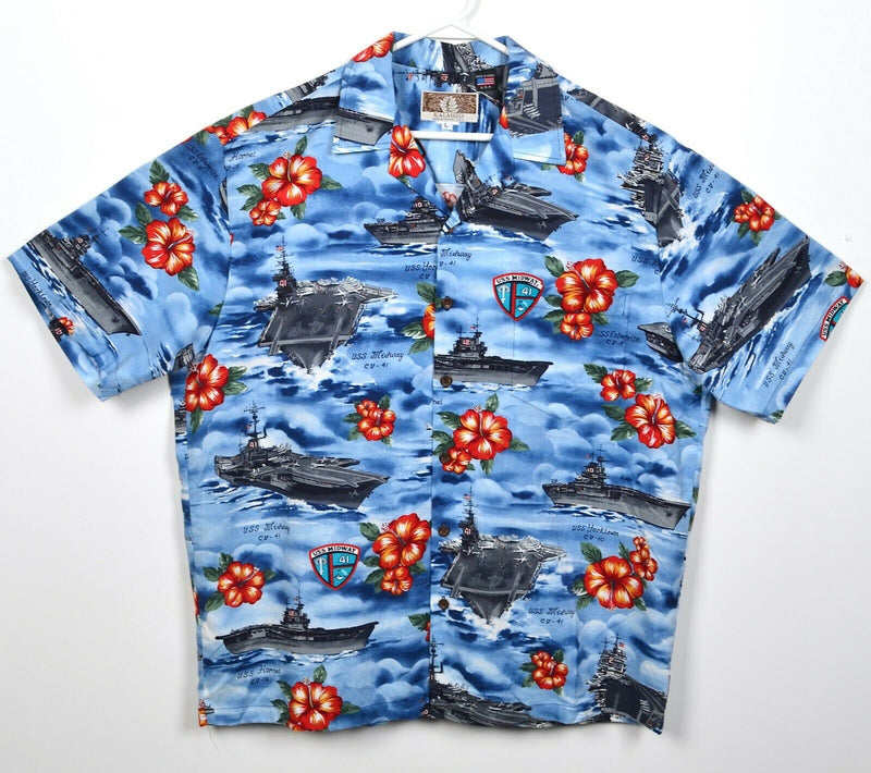 Kalaheo Men's Large Battleships Aircraft Carriers Navy Floral Hawaiian Shirt