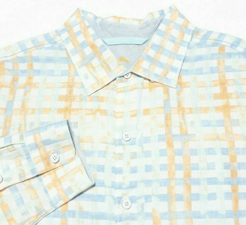 Tommy Bahama Linen Shirt Large Men's Orange Blue Check Long Sleeve Relax