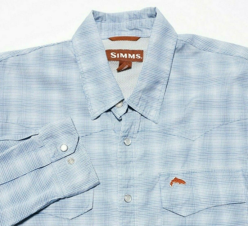 Simms Fishing Pearl Snap Shirt Vented Blue Plaid Cotton Poly Blend Men's Large
