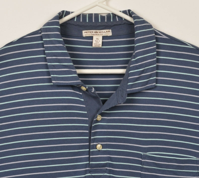 Peter Millar Crown Sport Men's XL Navy Blue Striped Pima Cotton Polo Shirt