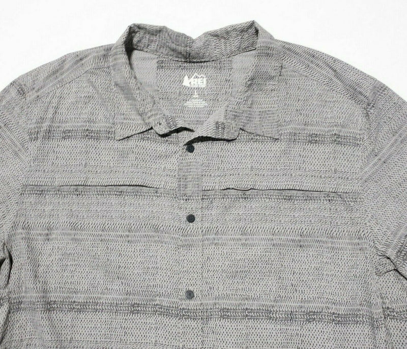 REI Co-op Sahara Plaid Shirt Men's Large Nylon Blend Gray Geometric Short Sleeve