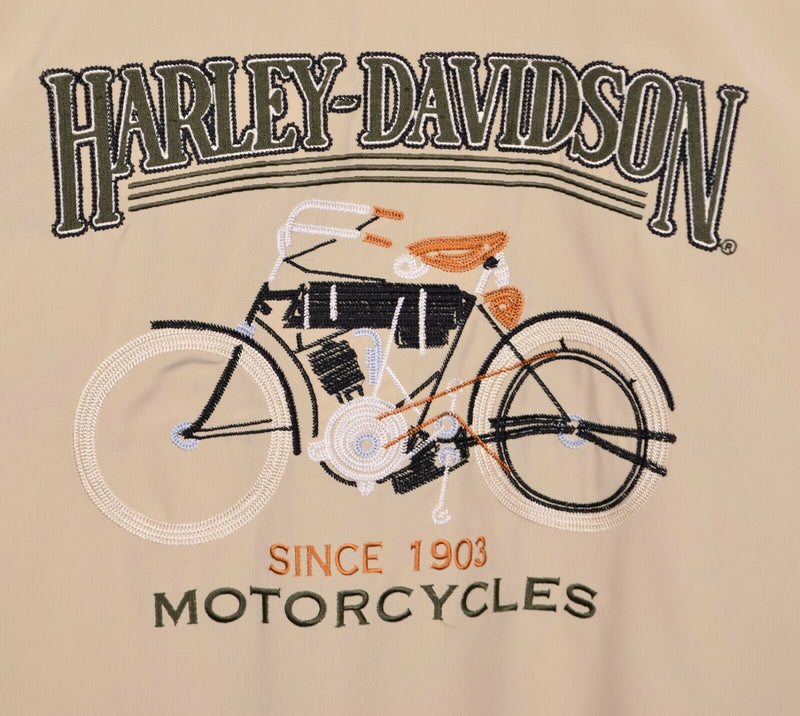 Harley Davidson Men's Large Embroidered Vintage Bike Tan Hawaiian Camp Shirt