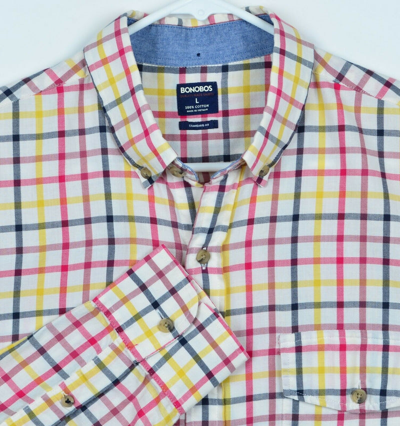 Bonobos Men's Sz Large Standard Fit Yellow Red Blue Windowpane Plaid Shirt