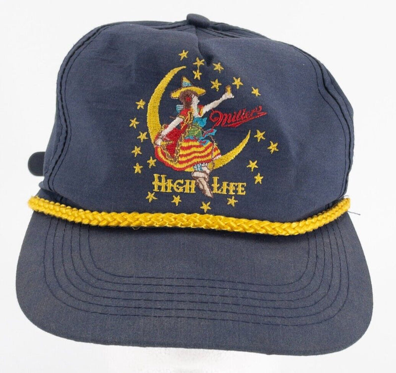 Miller High Life Hat Girl In The Moon Rope Hat Vintage 80s Adjustable Beer Blue