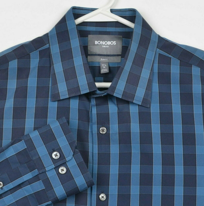 Bonobos Stretch Men's 17.5/36 (XL) Slim Fit Blue Navy Plaid Button-Front Shirt