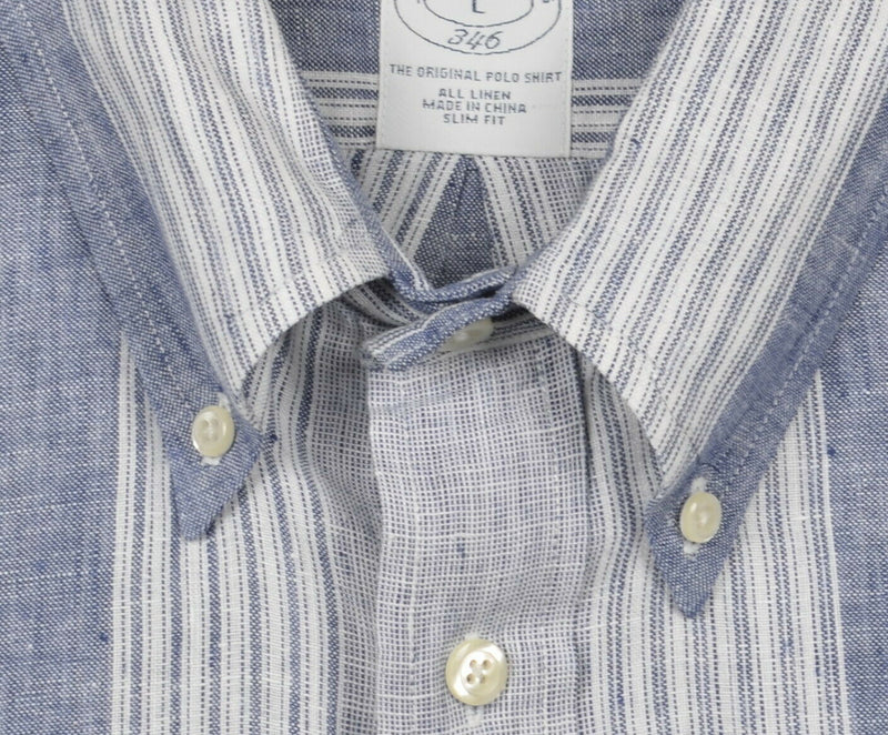 Brooks Brothers Men's Large Slim Fit 100% Linen Blue Striped Button-Down Shirt