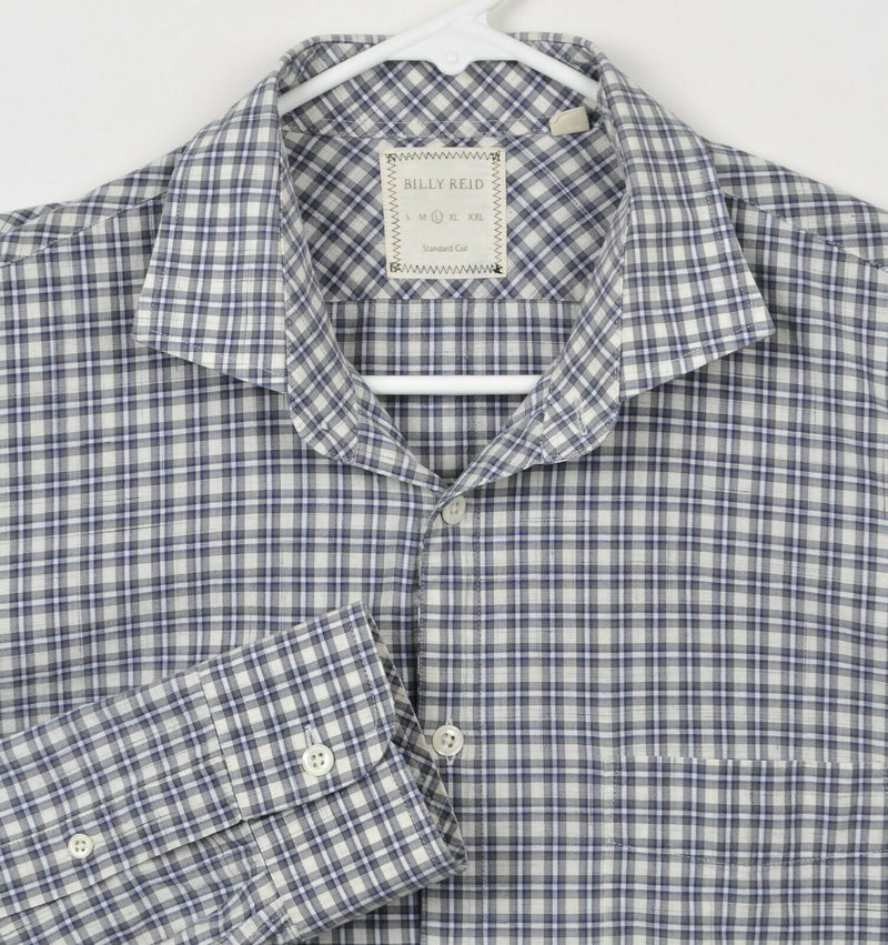 Billy Reid Men's Large Standard Cut Navy Blue Gray Plaid Spread Collar Shirt