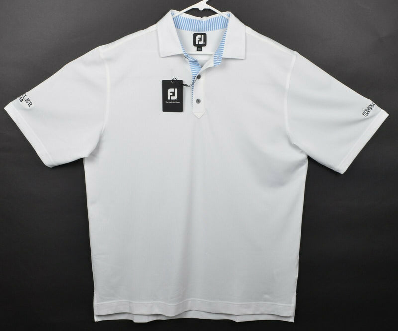 FootJoy Men's Sz XL Solid White Blue Stripe Accent FJ Golf Polo Shirt