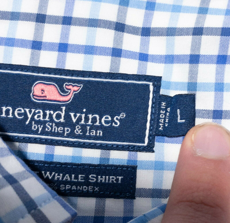 Vineyard Vines Men Large Classic Fit Whale Shirt Cotton Spandex White Blue Plaid