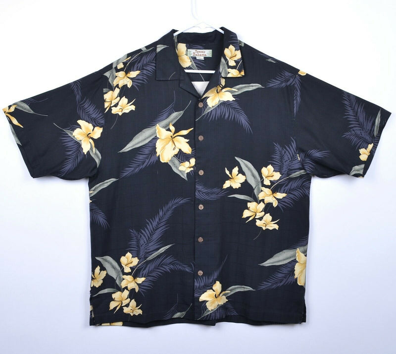 Tommy Bahama Men's Sz Large 100% Silk Floral Black Yellow Hawaiian Shirt