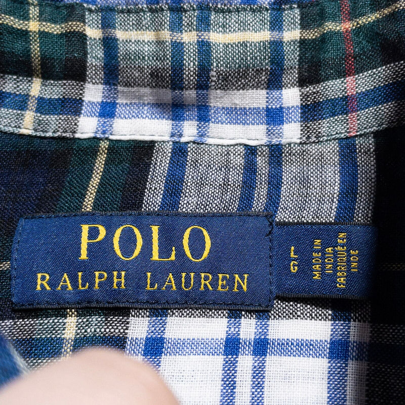 Polo Ralph Lauren Linen Snap Shirt Men's Large Plaid Green White Western Preppy