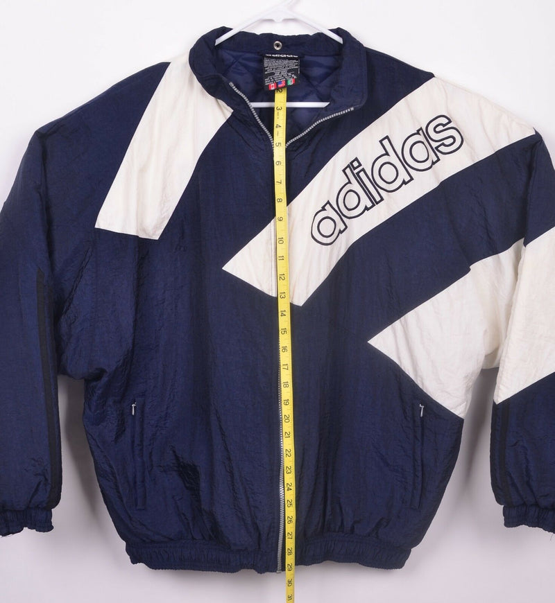 Vintage 90s Adidas Men's XL Puffer Jacket Big Logo Spell Out Blue White