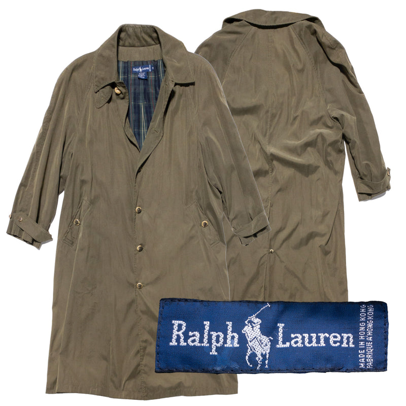 Vintage Ralph Lauren Trench Coat Women's 10 Olive Green Embellished Buttons 90s