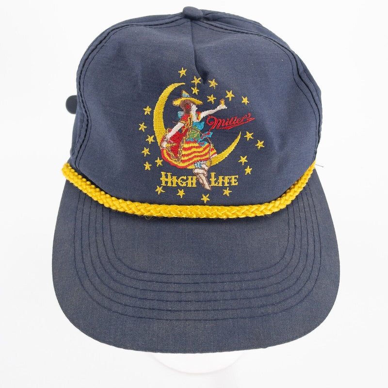 Miller High Life Hat Girl In The Moon Rope Hat Vintage 80s Adjustable Beer Blue