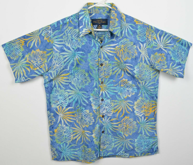 Pete Huntington Men's Medium Blue Green Floral Leaf Print Hawaiian Shirt