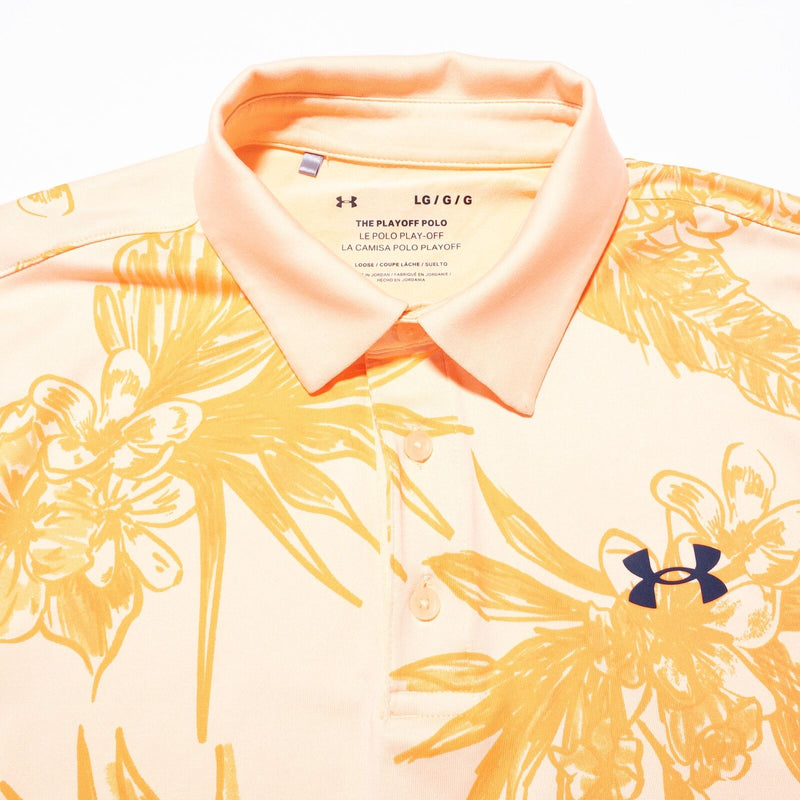 Under Armour Playoff Polo Shirt Men's Large Orange Floral Graphic UPF40 Golf