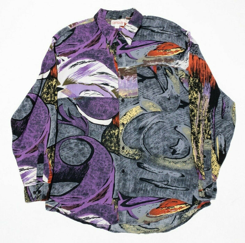 Campus Rayon Shirt Men's Large Vintage 90s Rockabilly Abstract Art Party Purple