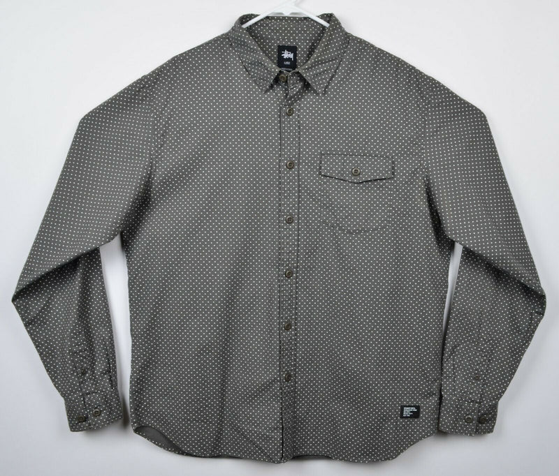 Stussy Men's Sz XL Gray White Polka Dot Long Sleeve Button-Front Shirt