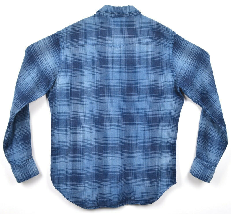Polo Ralph Lauren Men's Medium Pearl Snap Blue Plaid Western Rockabilly Shirt