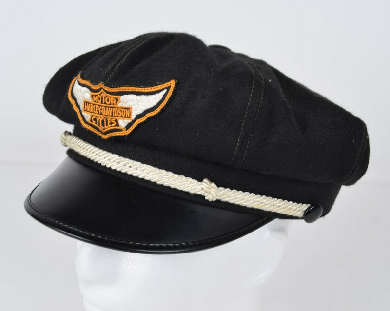 Vtg Harley-Davidson Men's XL Captain’s Motorcycle Black Wool Leather Hat