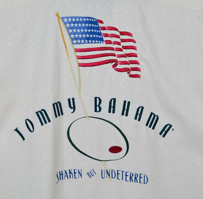 Tommy Bahama Men's Medium 100% Silk Embroidered USA Flag Shaken But Undeterred