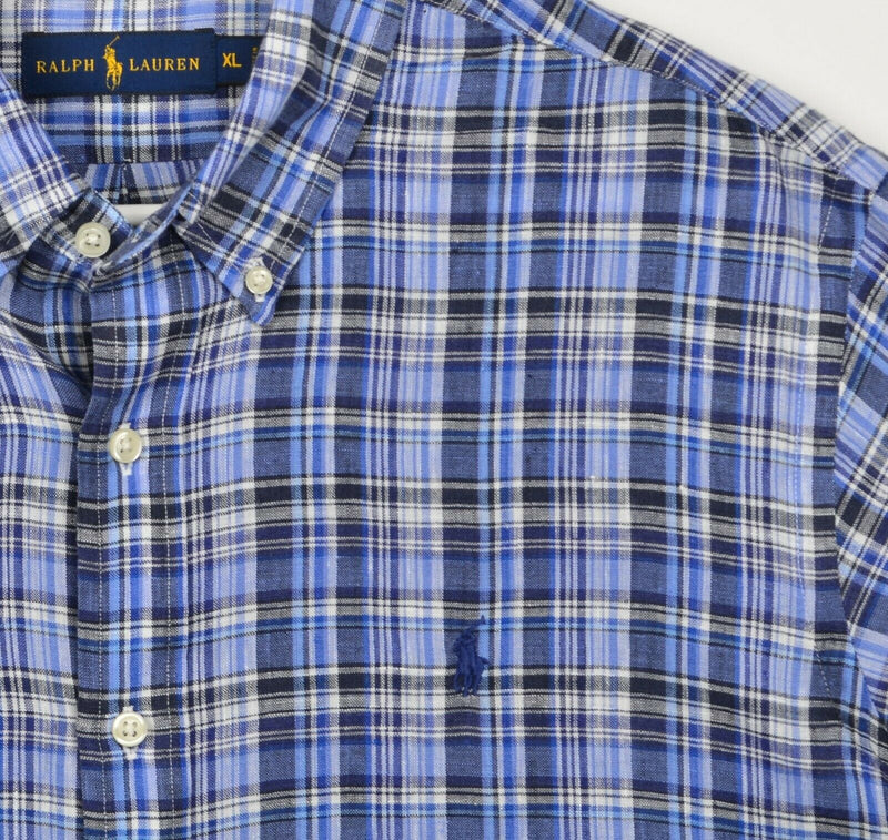 Polo Ralph Lauren Men's Sz XL 100% Linen Blue Plaid Button-Down Shirt